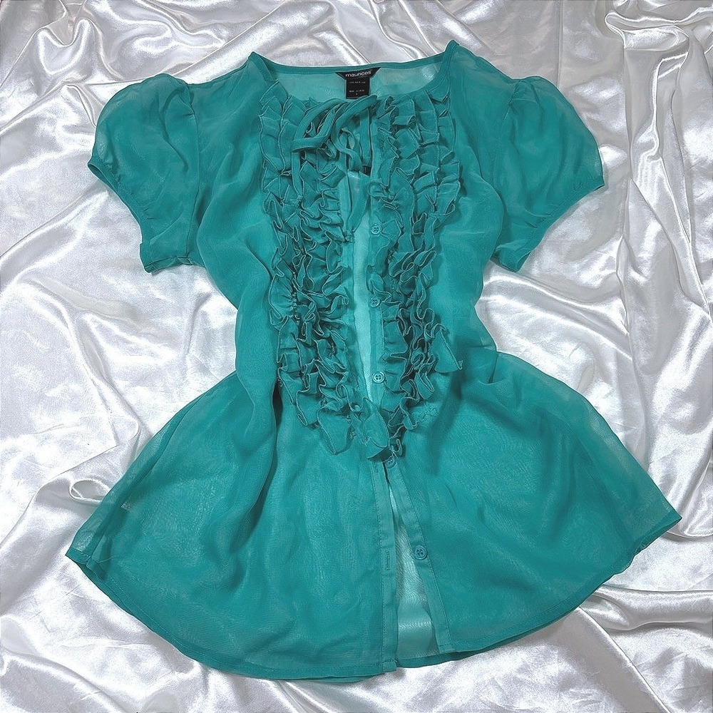 y2k Maurices Ruffle Blouse Teal Good Sheer Puff Sleeve Button Front Top